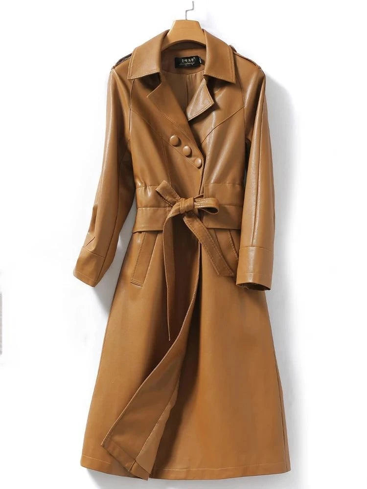 Women's Long Belted Leather Overcoat-women-coat-LeStyleParfait