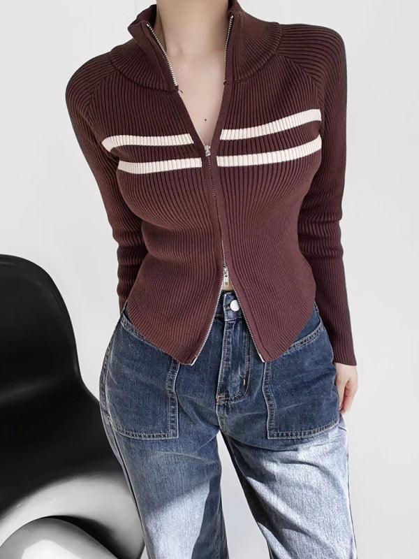 Zipper Striped Cardigan Sweater - Cardigan Sweater - LeStyleParfait