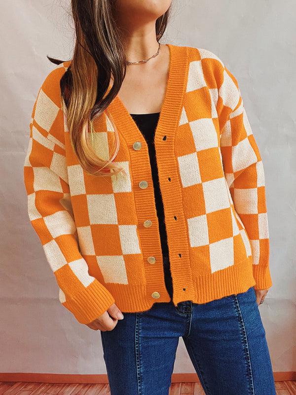 Checkerboard Contrast Women Cardigan Sweater - Cardigan Sweater - LeStyleParfait