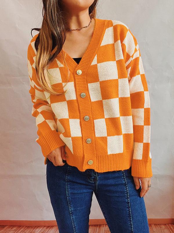 Checkerboard Contrast Women Cardigan Sweater - Cardigan Sweater - LeStyleParfait