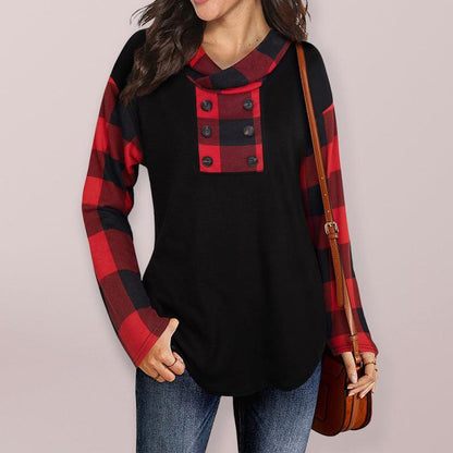 New Stitching Long-sleeved Printed Plaid Hooded Sweater T-shirt for Women - - LeStyleParfait