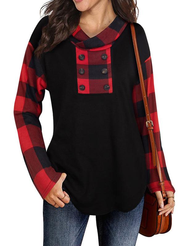 New Stitching Long-sleeved Printed Plaid Hooded Sweater T-shirt for Women - - LeStyleParfait