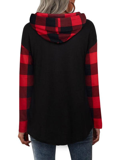 New Stitching Long-sleeved Printed Plaid Hooded Sweater T-shirt for Women - - LeStyleParfait