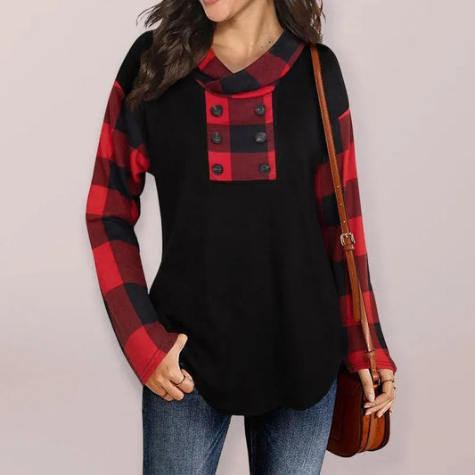 Women's Plaid Double-Breasted Hoodie - Long Sleeve Style - Plaid Hoodie - LeStyleParfait